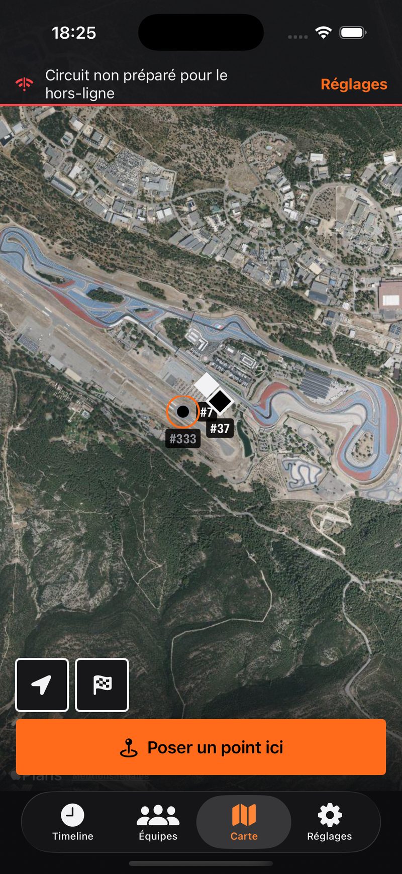 La carte du paddock sur fond satellite, les équipes posées par priorité
