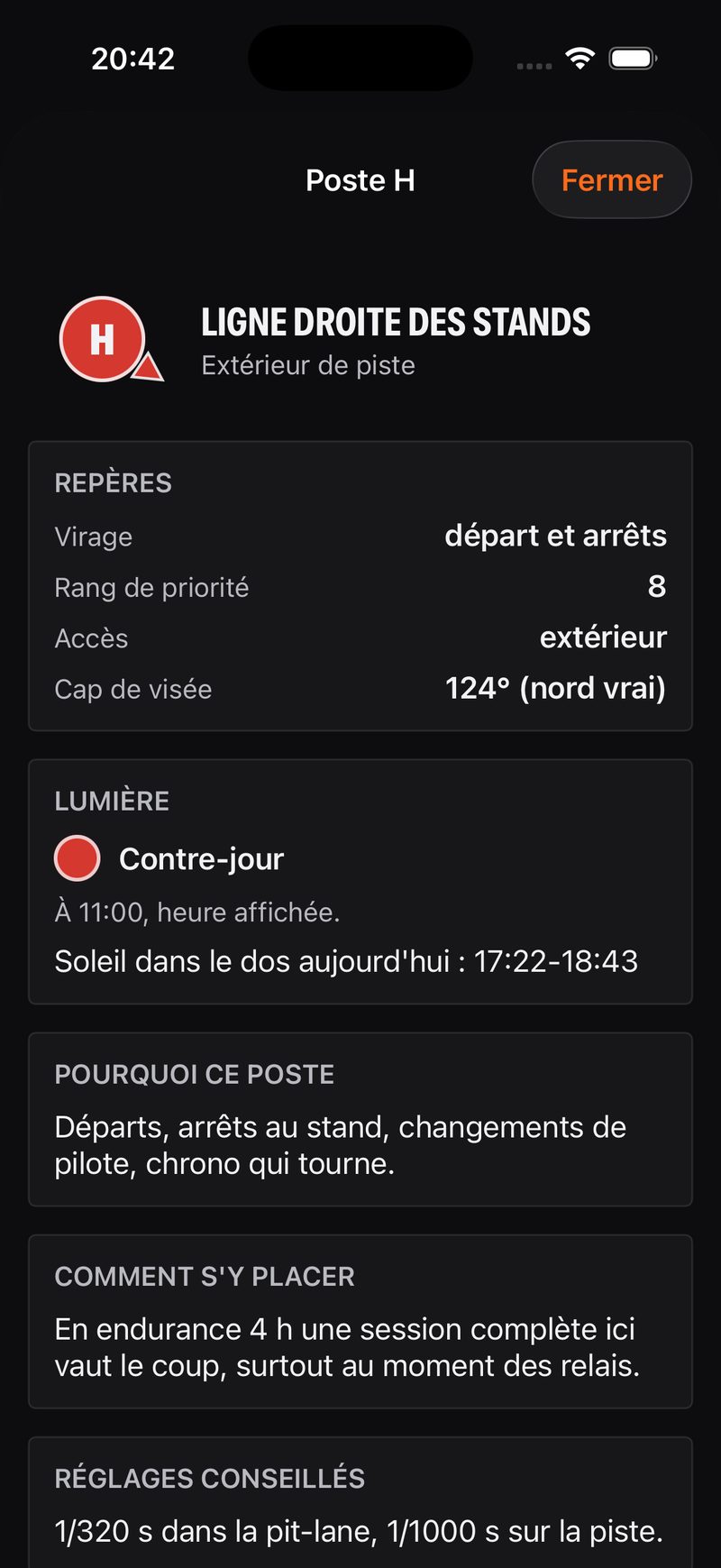 La fiche du poste A : virage, rang, accès, cap de visée, lumière du moment et fenêtres du jour