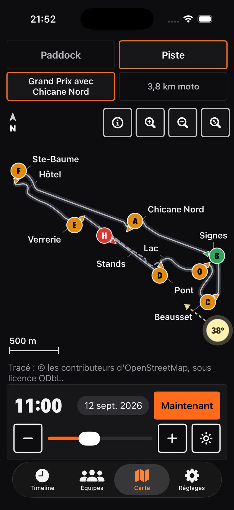 La vue Piste : le tracé du Paul Ricard et ses postes photo colorés selon la lumière
