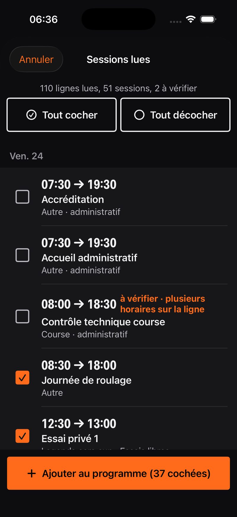 Les sessions lues dans le planning, à cocher avant d'entrer au programme